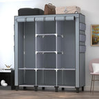 Portable Wardrobe with 10 Storage Racks and 2 Hanging Poles, 6 Side Pockets Non-Woven Cover, Size 130 x 45 x 172 cm, Bedroom 