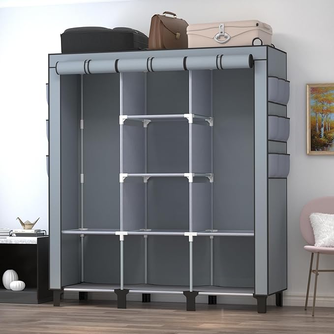 Portable Wardrobe with 10 Storage Racks and 2 Hanging Poles, 6 Side Pockets Non-Woven Cover, Size 130 x 45 x 172 cm, Bedroom 