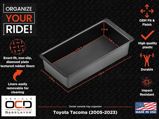 Vehicle OCD - Center Console Organizer Tray for Toyota Tacoma (2005-2015) and (2016-2023) - Made in USA - SLX133