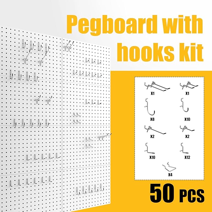 Spampur Peg Board, 8 Pack Metal Pegboard Panels with 50 Hooks, White Pegboards Wall Organizer, Peg Board for Walls Home, Gara
