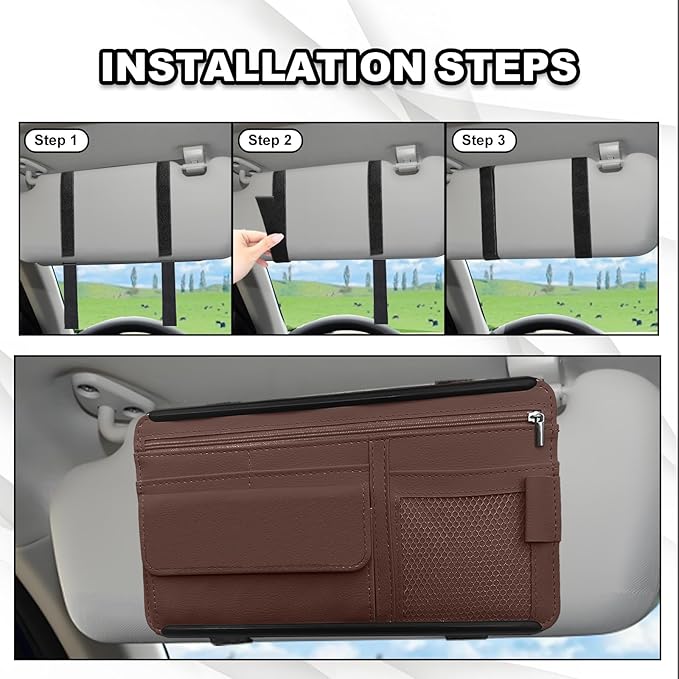 Car Sun Visor Storage Bag, Soft Leather Surface Organizer, Scratch-Resistant Auto Sunshade Organizer Bag, Can Store ID Card, Eyeglasses, Pen, Driving License etc (Brown)