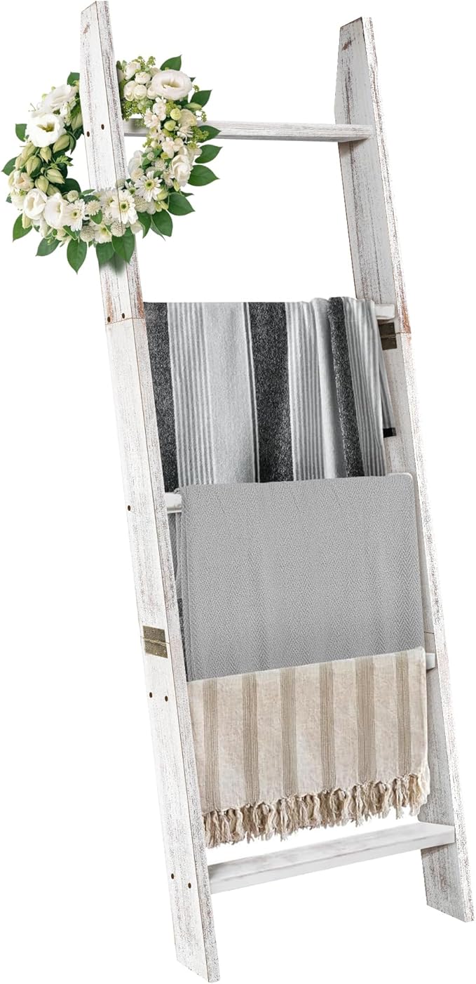 Honest Blanket Ladders for The Living Room, 5-Tier Blanket Holder, Wall-Leaning Blanket Rack, Ladder Shelves, Wooden Quilt La