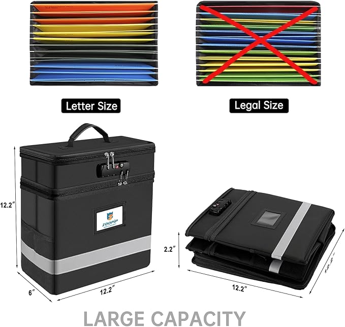 Fireproof File Box with Lock, 2 Layer Document Box Storage Organizer, Suitable for Hanging File Folders in Letter Size, Colla