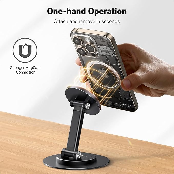 UGREEN Magnetic Phone Stand for MagSafe, Height Adjustable iPhone Stand for Desk with 360° Rotation Compatible for iPhone 17 Air 16 Pro 15 Pro Max 14 Plus 13 12 and MagSafe Case, Black
