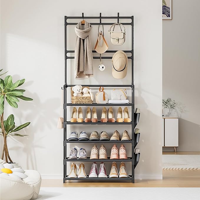 Shoe Rack 5 Tier Shoe Organizer Storage 15-20 Pairs Shoes Rack for Closet Entrance Shoe Rack Organizer with Hooks and Side Po