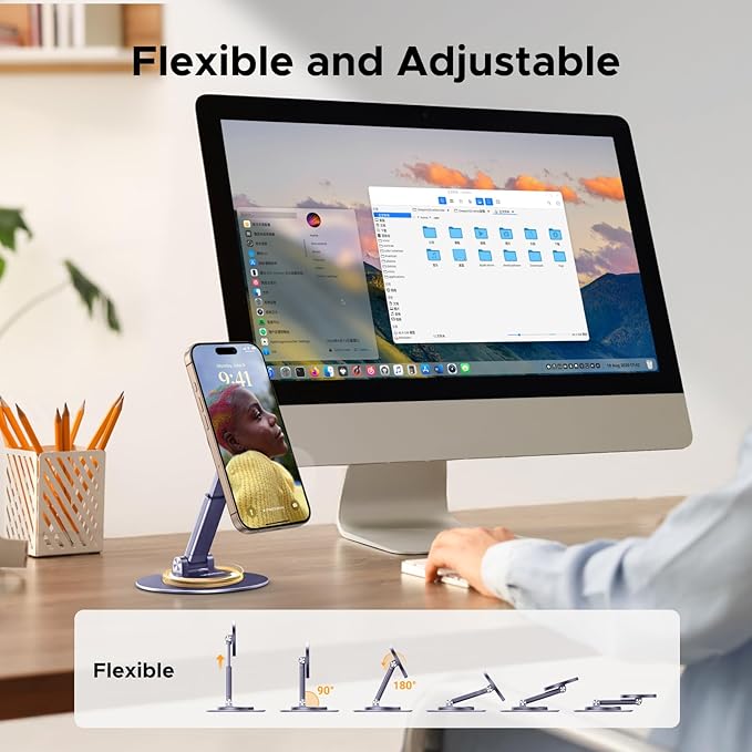UGREEN Magnetic Phone Stand for MagSafe, Height Adjustable iPhone Stand for Desk with 360° Rotation Compatible for iPhone 17 Air 16 Pro 15 Pro Max 14 Plus 13 12 and MagSafe Case, Grey