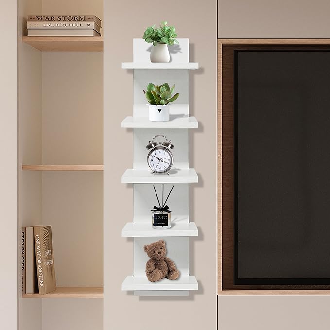 5 Tier Shelves for Wall, Decorative Wall Mounted Vertical Shelving Column Decor 30 Inch H Mounted Floating Storage Organizer 