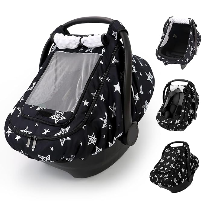 Car Seat Cover Baby Boy, Infant Car Seat Canopy Outdoor, 2 Layers with Mesh and Sun Shade Window for Summer Winter, Easy Acce