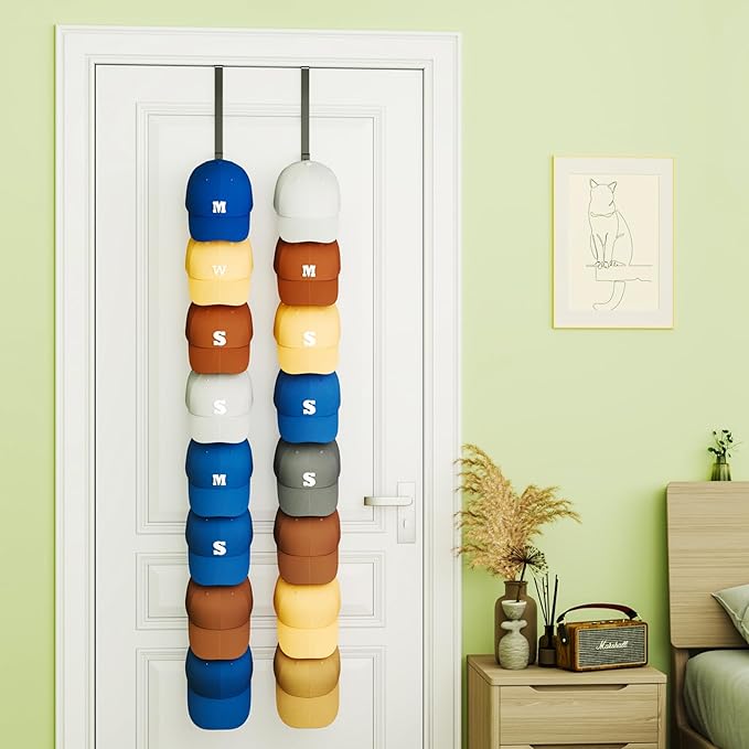 SWTYMIKI Over Door Hat Organizer - 2 Packs Metal Wall Mounted Hat Rack with 16 Hooks Design, Hanging Baseball Cap Organizer S