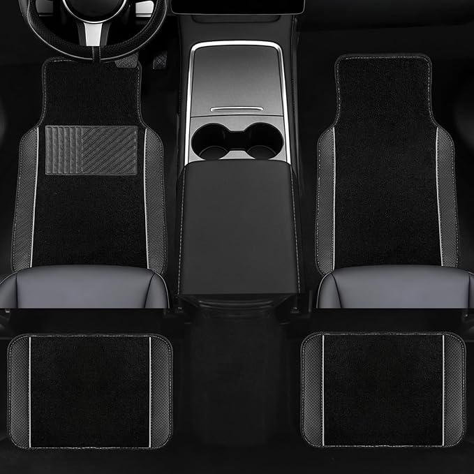 NBTEPEM Microfiber Steering Wheel Cover and Waterproof Car Floor Mats, Universal Fit Most Truck, SUV, Cars, 14.5-15inch Sporty Steering Wheel Covers with Anti-Slip Lining (Black with Gray line)