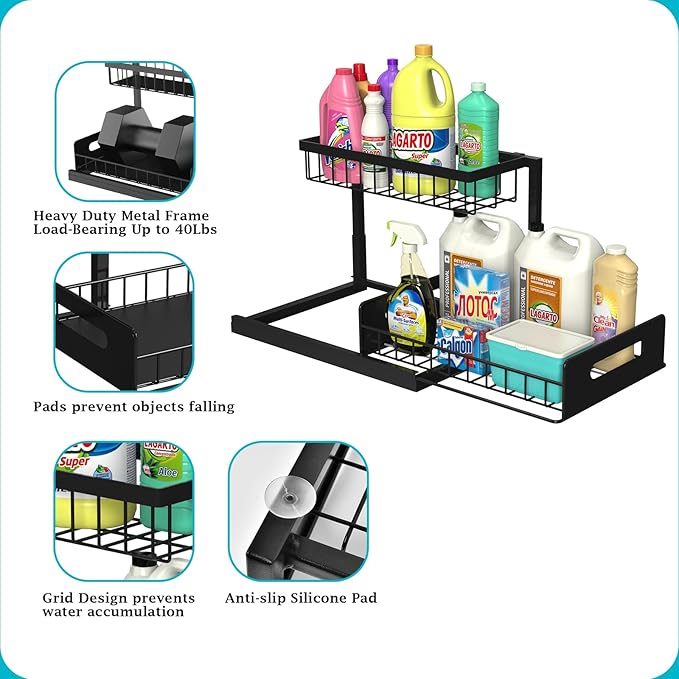 REALINN Under Sink Organizer, L-Shaped 2 Tier Pull Out Cabinet Organizer for Kitchen and Bathroom, Slide Out Under Cabinet St