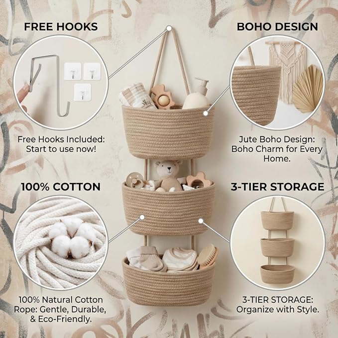 Hanging Wall Basket, Over the Door Hanging Basket with Hooks, Cotton Back of Door Organizer for Living Room, Bedroom, Boho Wa