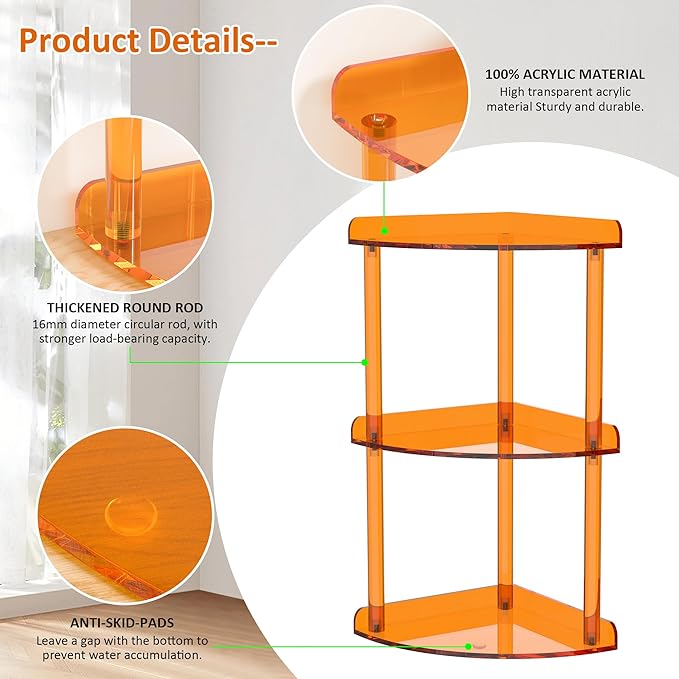 Sezanrpt 3 Tier Countertop Corner Organizer Shelf 7x7x15.7 Inch, Orange Countertop Acrylic Bathroom Corner Shelf, Vanity Stor
