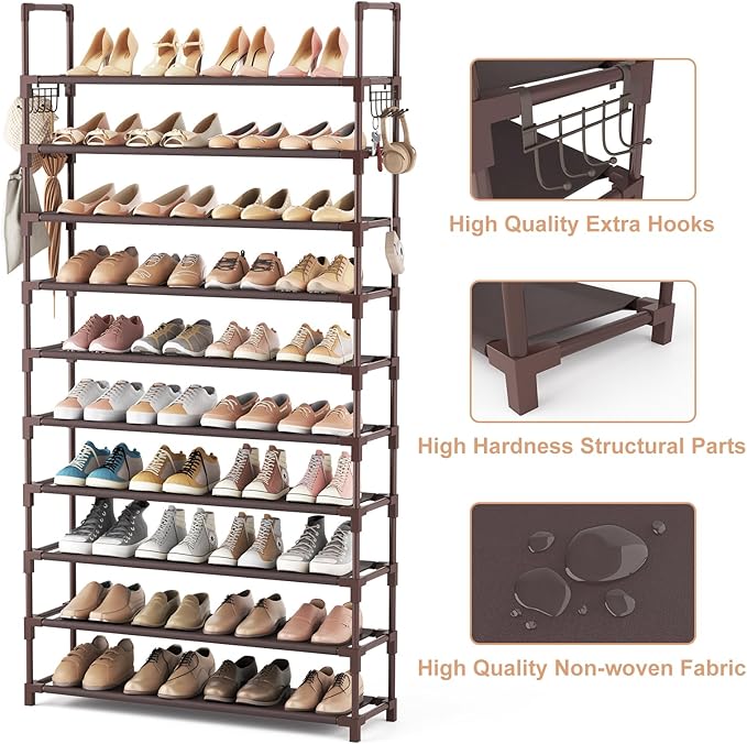 VTRIN 10 Tiers Shoe Rack Tall Large Capacity Wide Shoe Organizer Sturdy Shoe Shelf for Entryway with Two Hooks Metal Shoe Sto