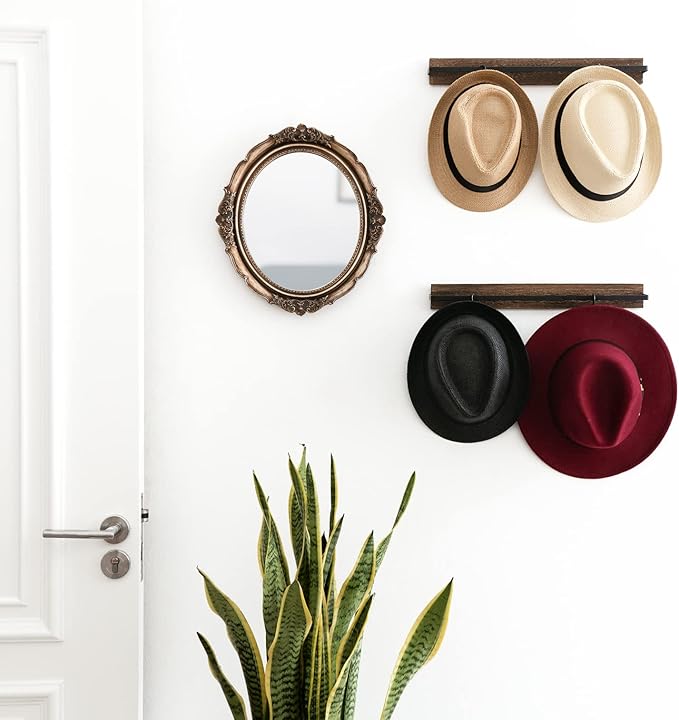 Mkono Hat Rack for Wall Wooden Baseball Caps Organizer with 20 Hooks Rustic Cowboy Hanger Mounted Hats Display Closet Bedroom