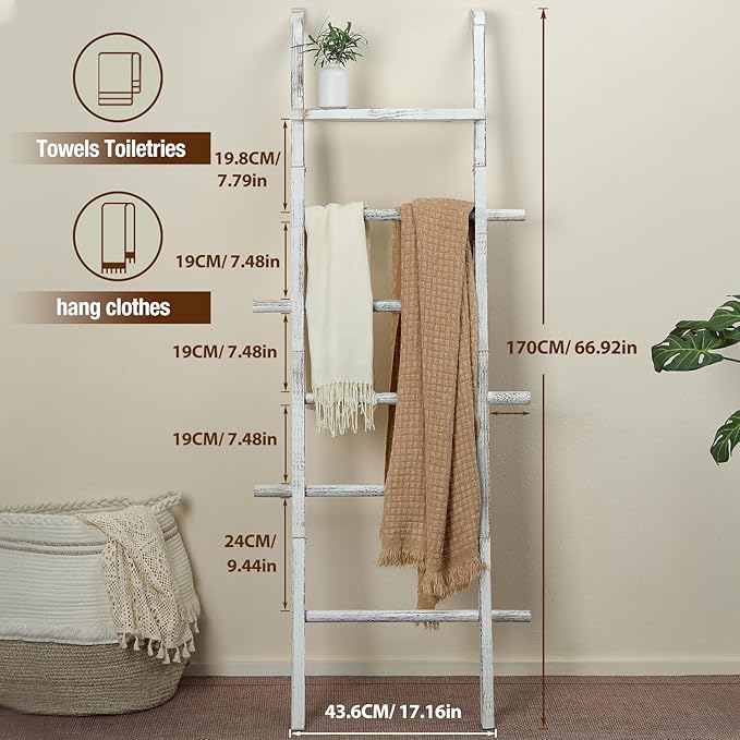 Taozun 67-Inch Farmhouse Blanket Ladder with Shelf and Hooks, 5-Tier Wooden Wall Leaning Towel Quilt Rack Holder for Living R