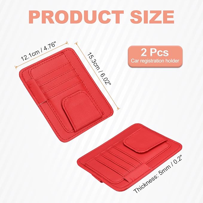 HARFINGTON 2Pcs Car Sun Visor Organizer 6.02" x 4.76" Leather Multi-Pocket Visor Card Sleeve Pocket Car Truck SUV Interior Storage Pouch for Driving License Credit Card Bill Sunglasses, Red