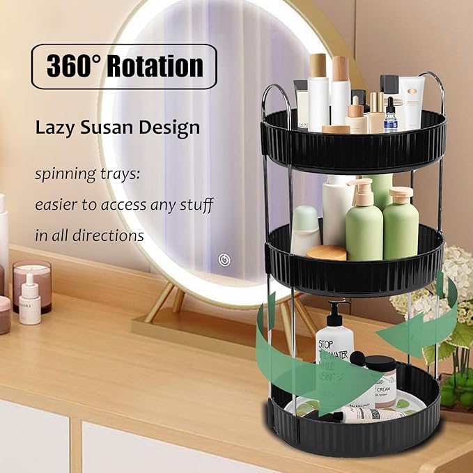 Rotating Makeup Organizer Countertop 3 Tier Lazy Susan Trays Spinning Skincare Perfume Storage for Bathroom Counter Vanity, B