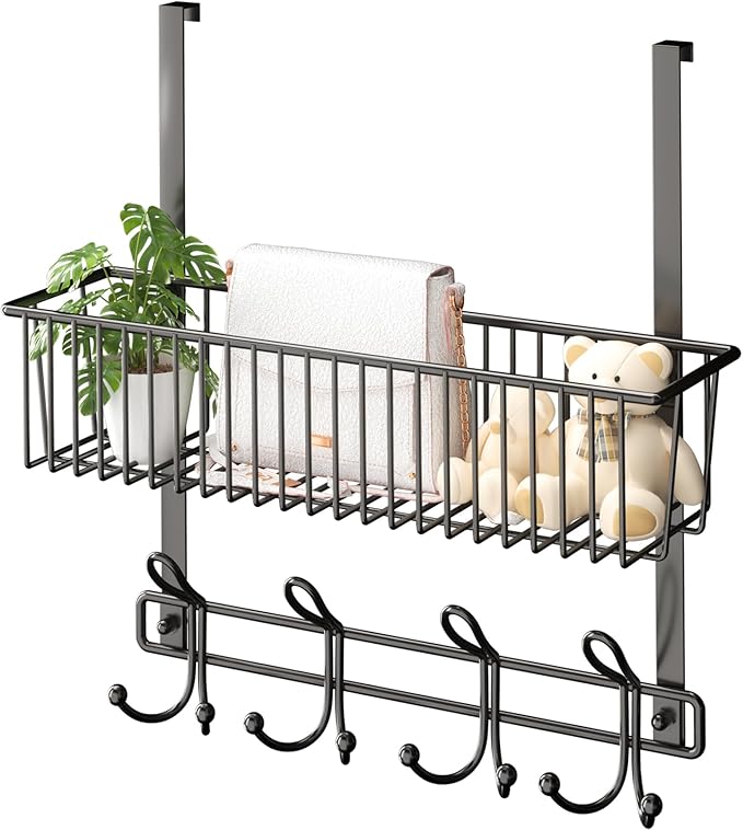 Kaiferty Over The Door Hooks Organizer,Door Hanger Door Storage with Basket,Over The Door Towel Rack Coat Hooks with 12 Hooks