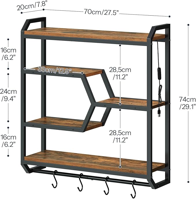 HOOBRO 27.5" Floating Shelf with LED Lights, Gaming LED Wall Mounted Shelf with Hanging Rod & 4 S-Hooks, 4-Tier Hanging Displ
