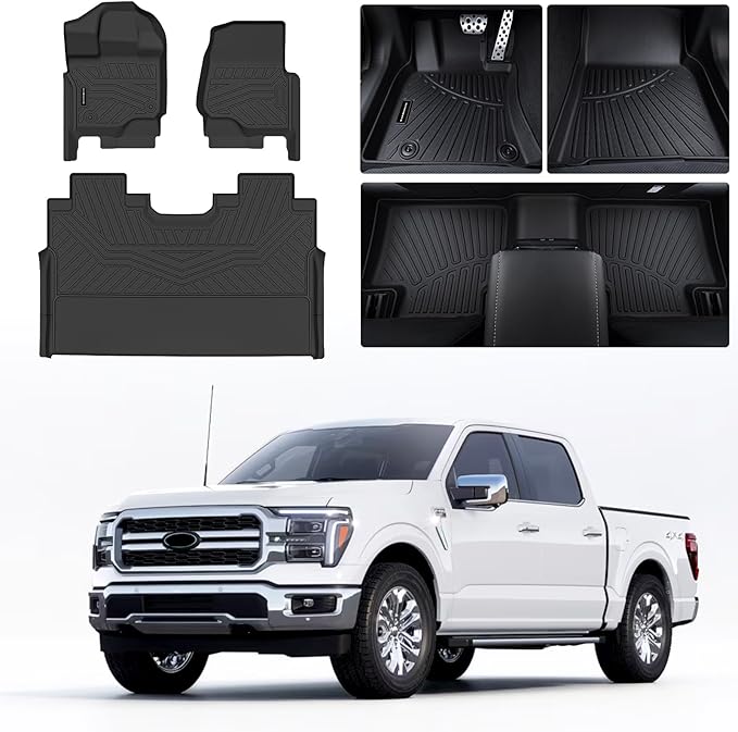 Floor Mats for Ford F-150 2015-2025 SuperCrew & 2022-2025 F-150 Lightning (No Fold Flat Storage) - Front & Rear 3PCS, 1st & 2nd Row Black
