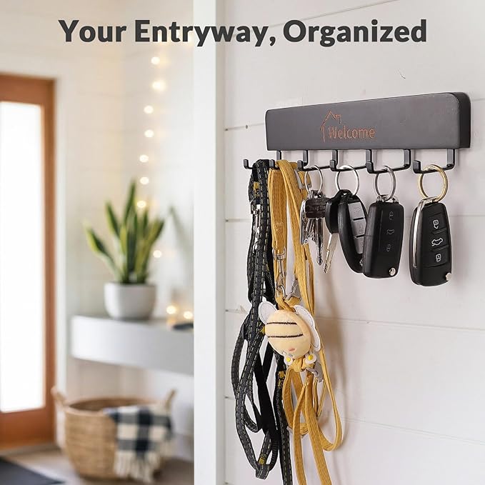 SCUNDA Wooden Key Holder with Metal Hooks,No Drill Adhesive & Screws, Wall Mount Entryway Organizer for Keys, Coats, Hats, Ru