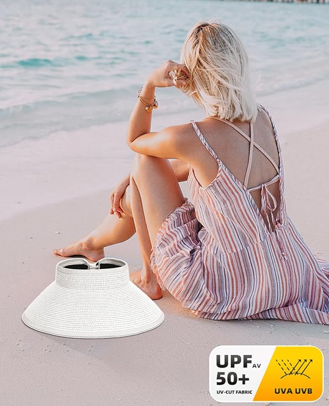 Sun Visor Hat for Women, Wide Brim Straw Summer UV Protection Hat, Foldable Roll-up Packable Beach Cap