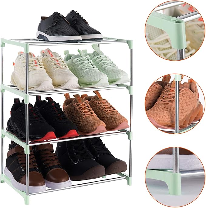 4-Tier Stackable Small Shoe Rack, Lightweight Shoe Shelf Storage Organizer for Entryway, Hallway and Closet (Green)