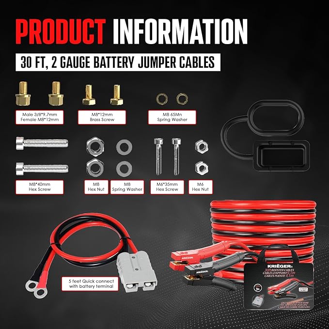 K KRIËGER Jumper Cables 100% Pure Copper, 30 Feet, 2 Gauge, 1000 Amp Custom-Made Alligator Clamps, Booster Battery Cables w/Permanent Installation Kit & Quick Connect Plugs - Carrying Bag Included