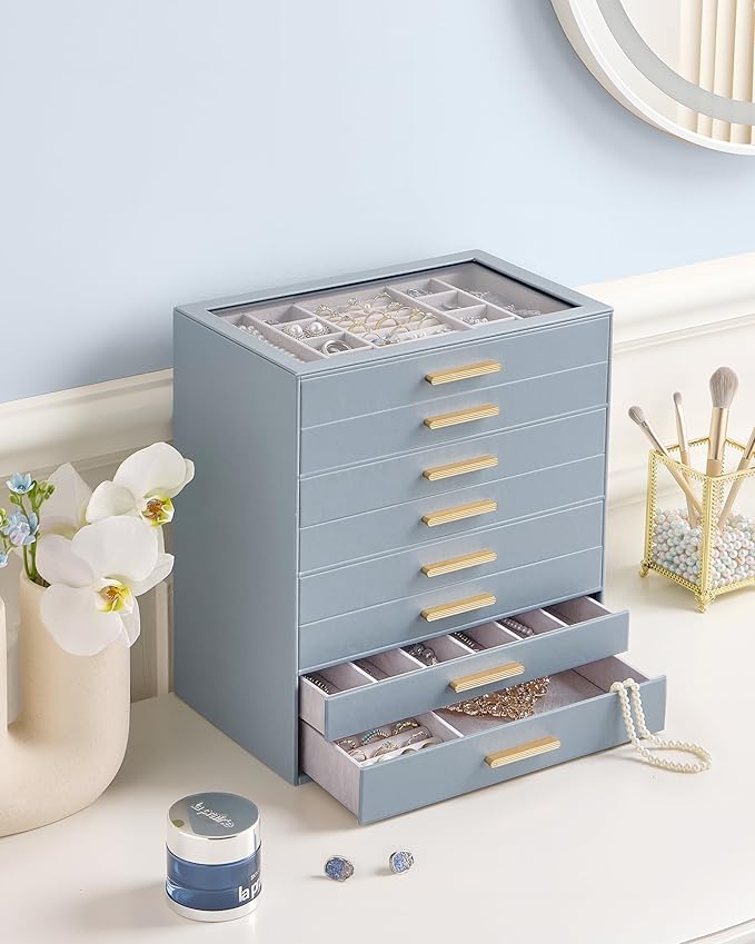Lolalet Jewelry Box Organizer, 8-Layer Jewelry Organizers and Storage Case with Glass Lid, Ring Earring Bracelet Necklace Hol