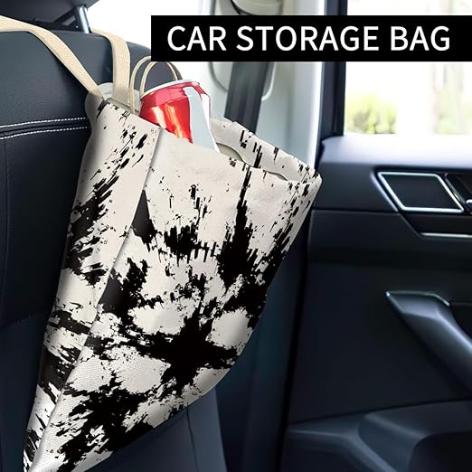 Car Trash Can, Cute Car Trash Bag, Hanging Car Organizer and Storage Bag, Trash Bin for Car Accessories, Vehicle, Travelling, Camping White Black Print