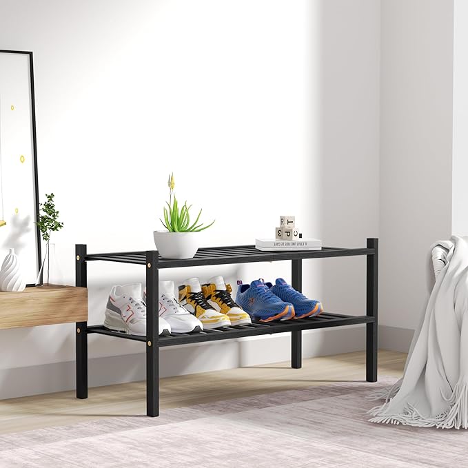 ROMGUAR CRAFT 2 Tier Bamboo Shoe Rack for Closet Free Standing Wood Shoe Shelf for Entryway Small Space Stackable 27"x11"x13"