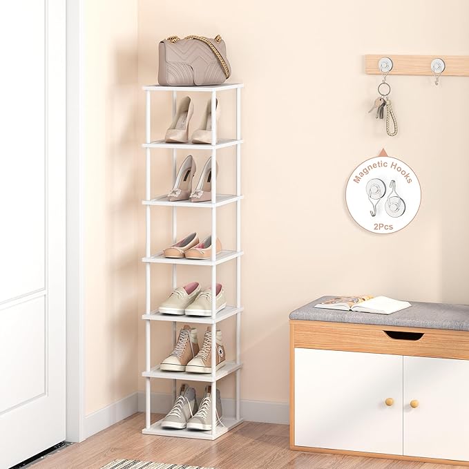 Vertical Tall Shoe Rack Organizer for Entryway -7 Tier Free Standing Slim Narrow Bamboo Wood Corner Stackable Shoe Boots Stor