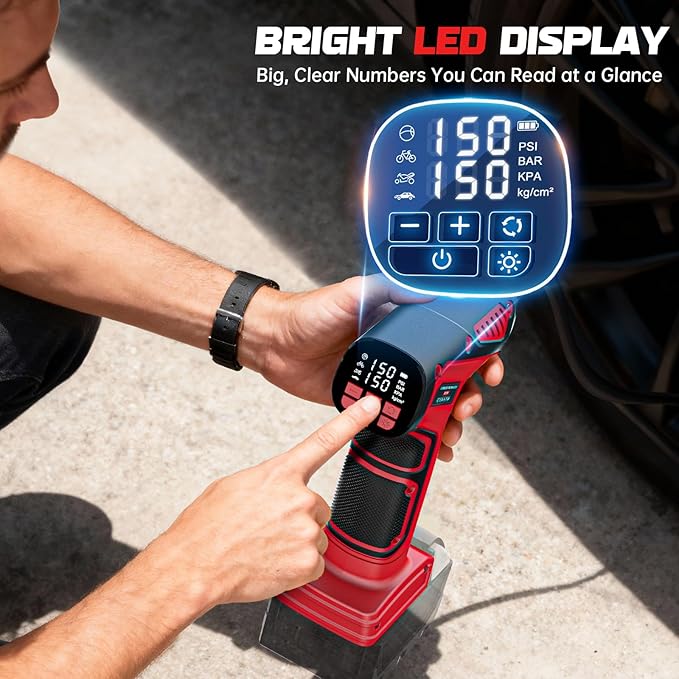 150PSI Tire Inflator Portable Air Compressor: Cordless Air Pump Compatible with Milwaukee 18V Battery - Car Tire Pump with Digital Pressure Gauge & LED Light for Auto, Motorcycles (Bare Tool)