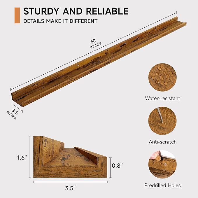 Fun Memories Picture Ledge Shelf, 60 Inch Floating Shelves Set of 2, Large Book Shelves for Toys Storage, Kids Bookshelf Wall