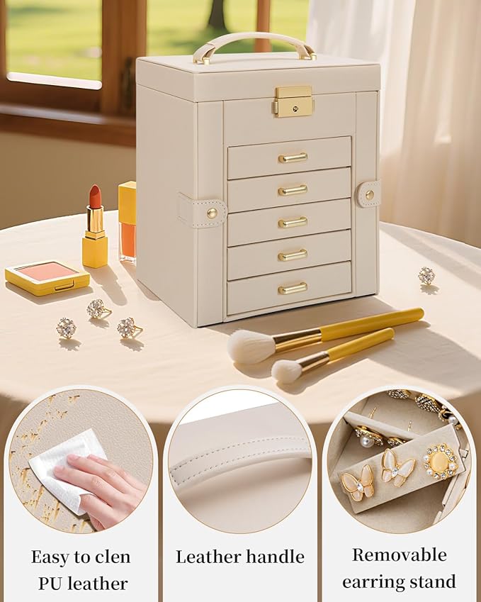 TORIBIO Large Jewelry Box for Women, Leather Jewelry Organizer with Mirror & Lock, 6-Tier Jewelry Storage Case for Girls/Wome