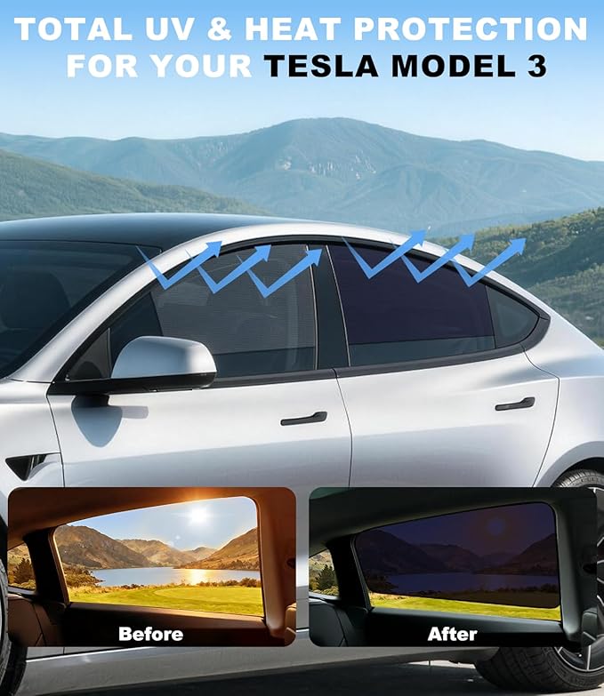 XCBYT Car Window Shades for Tesla Model 3 Highland 2024-2026, Static Cling Privacy Rear Side Window Covers, Clear Front Half Window Shades, Easy Install, No Residue (4 PCS)