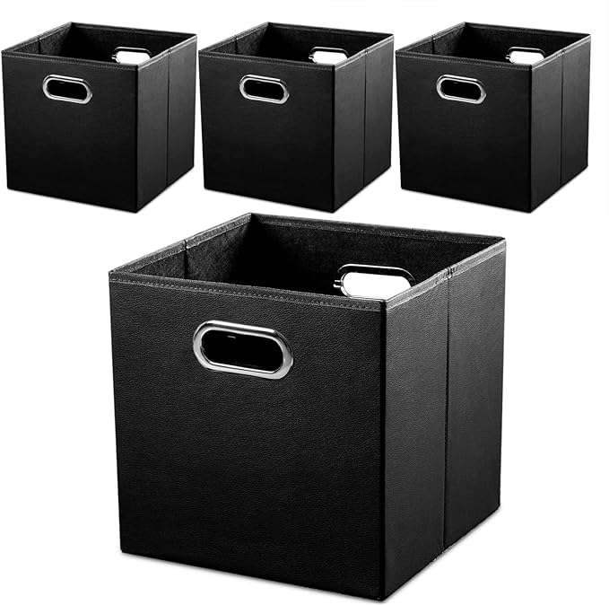 PRANDOM Leather Foldable Cube Storage Bins 13x13 inch [4-Pack] Fabric Storage Baskets Cubes Drawer with Cotton Handles Organi