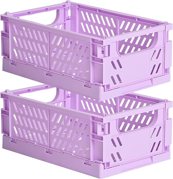 HUUSMOT 2-Pack Small Pastel Plastic Storage Baskets, Collapsible Crates for Organizing, Space-Saving Mini Bins for Classroom,