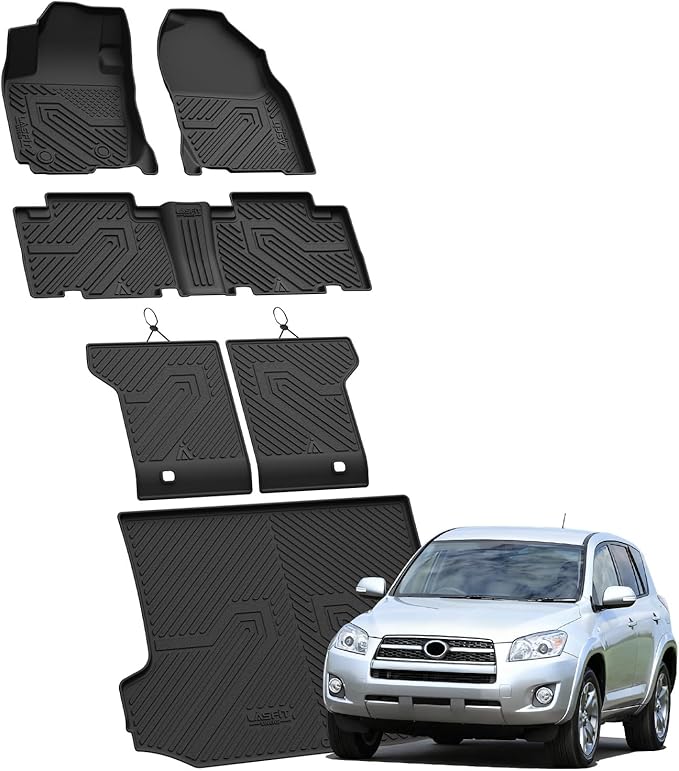 LASFIT Floor Mats & Backrest Mats & Trunk Mat for Toyota RAV4 2006-2012 5 Seat All Weather TPE Custom Fit Floor Liner 1st & 2nd Row & Seat Back & Trunk Mats Full Set Accessories, Black