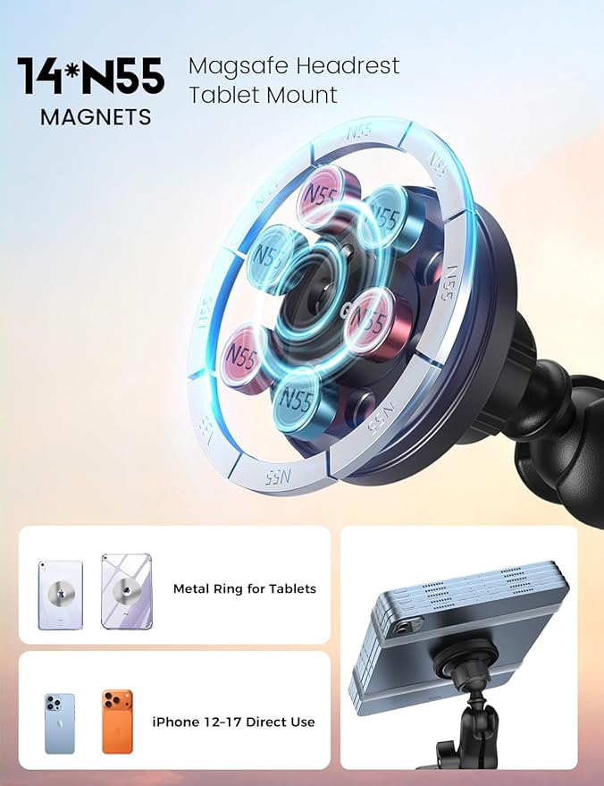 OHLPRO Magnetic Headrest Tablet Holder with 360° Adjustable Arm for Car Back Seat iPad Mount Fit for Magsafe Phones Tablet iPad Pro Air Mini Galaxy Tab and Devices, Road Trip Essentials for Kids