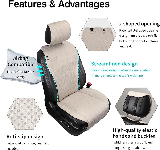 2pcs Sideless Car Seat Covers for All Seasons - Breathable Front Seats Cushions Non-Slip Bottom with Headrest Protectors - Un