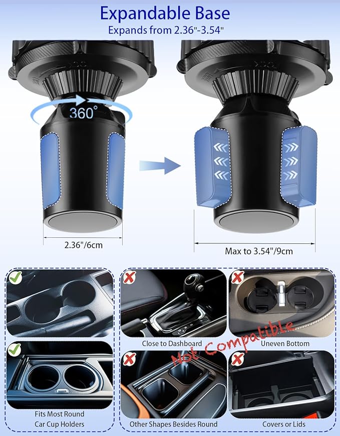 Car Cup Holder Tray - 4 in 1 Car Cup Holder Expander with Metal Cupholder, Adjustable Food Tray and Phone Mount for All Purpo