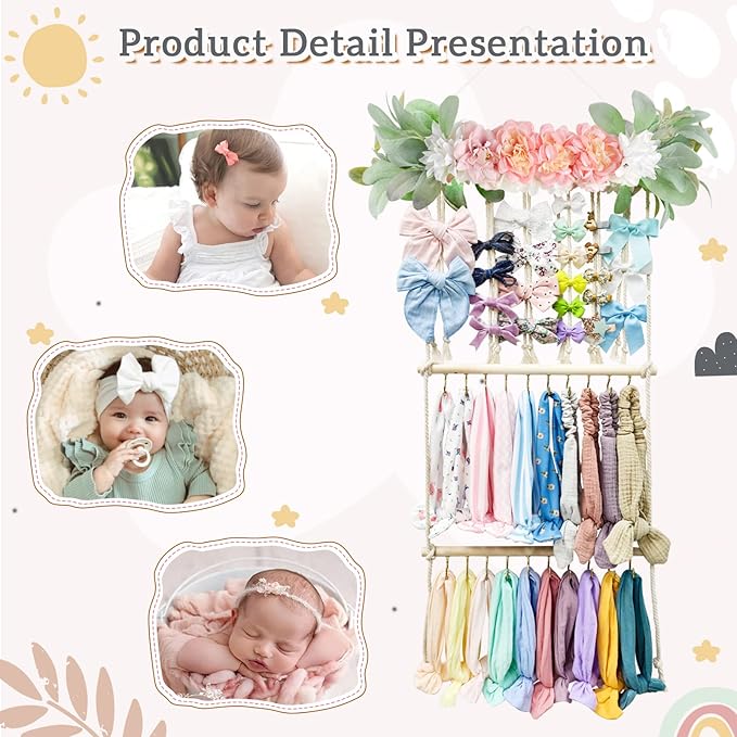 POVETIRE Headband Holder Hair Bows Organizer for Girls, Hair Accessories Display Storage Wall Hanging Decor for Baby Nursery 