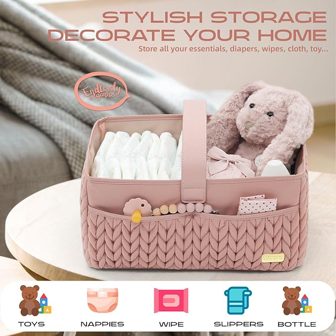 Luxurious Baby Diaper Caddy, Nursery Storage Basket for Newborn Boy and Girl, Travel Baby Basket for Diapers Baby Wipes, Orga