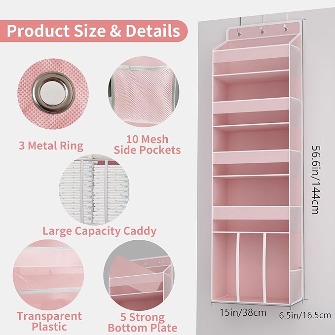 TAHAVICE 1 PC Pink Over the Door Organizer with 1 Large Capacity Caddy, 4 Shelf & 10 Mesh Side Pockets, Pink Stuff Hanging St