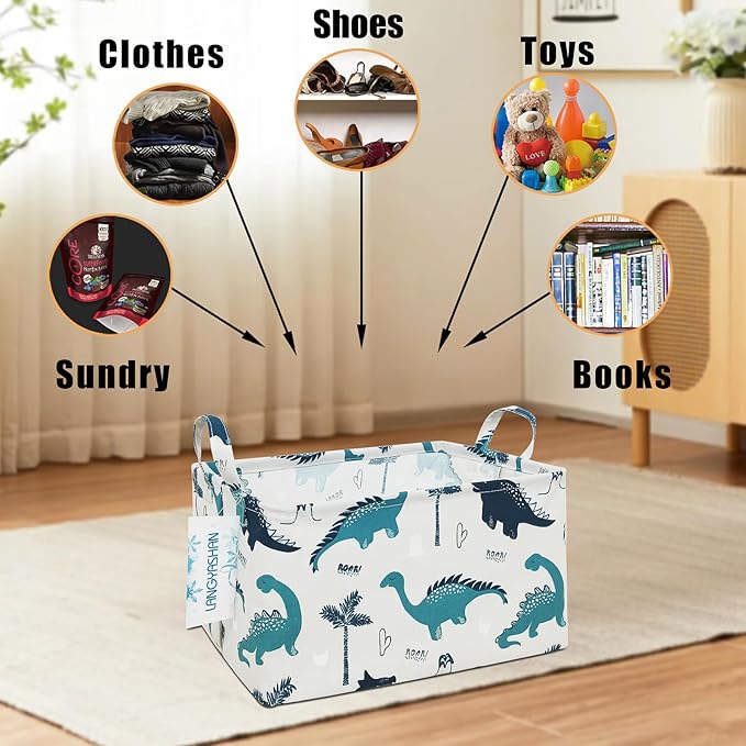LANGYASHAN Rectangular Storage Bin Collapse Canvas Fabric Cartoon Storage Basket with Handles for Organizing Home Kitchen Boy