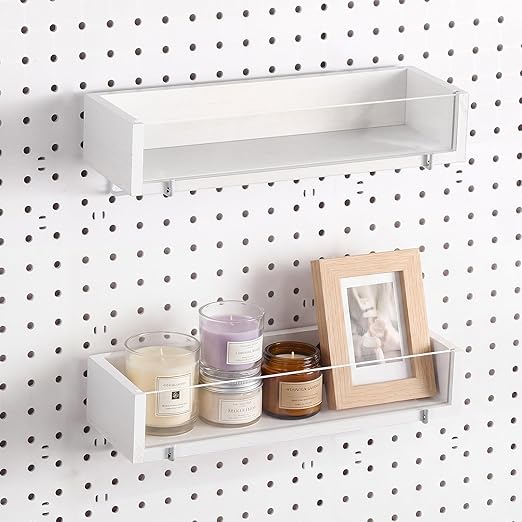 Marsui 2 Pcs Wooden Pegboard Shelf with Acrylic 12.2 x 3.94 Inch White Display Shelves Brackets with Metal Hooks Heavy Duty P