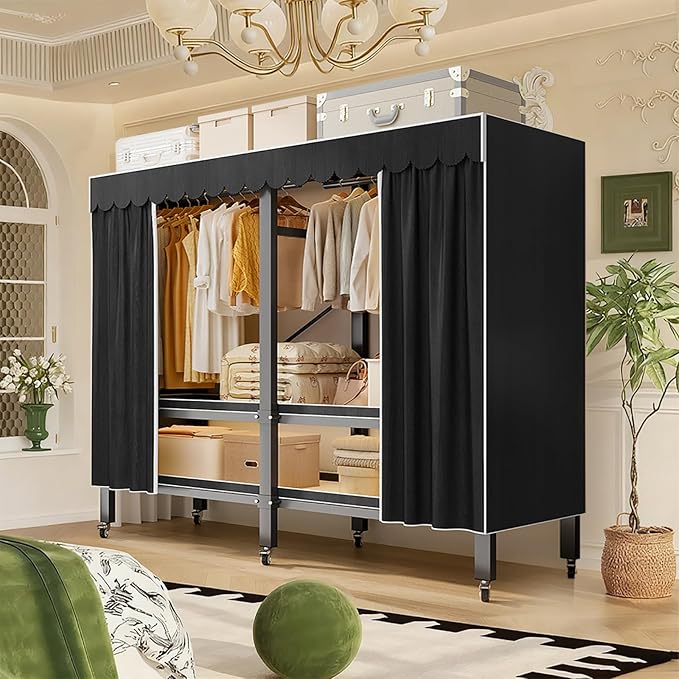 YTLEMON Heavy Duty Wardrobe Closet with Cover, Metal Rolling Clothes Rack, Foldable Portable Closet Organizer System Freestan