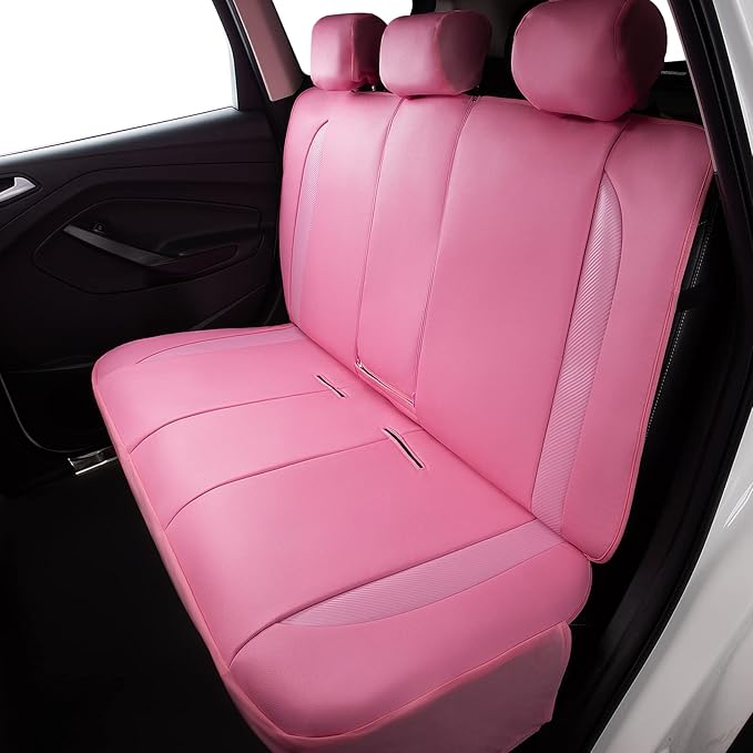 Flying Banner car seat Covers Protects Water Proof Faux Leather Carbon Fiber Fronts Rear Bench Covers (Pink Pink, Full Set - 